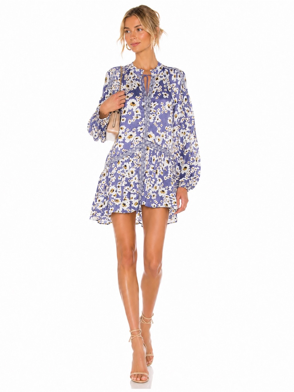 NEW Free People Blue Floral Bohemian Keyhole Long Sleeve Mini Dress Sz LARGE